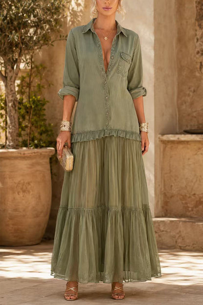 Lapel Long Sleeves Organza Splice Ruffle Denim Maxi Dress