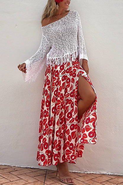 High Slit Abstract Print Flowy Maxi Skirt Red