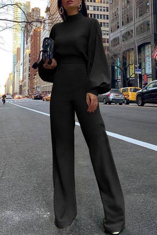 Solid Mockneck Lantern Sleeve Waisted Straight Leg Jumpsuit Black