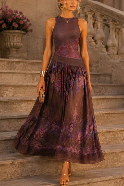 Crewneck Sleeveless Printed Flowy Maxi Dress