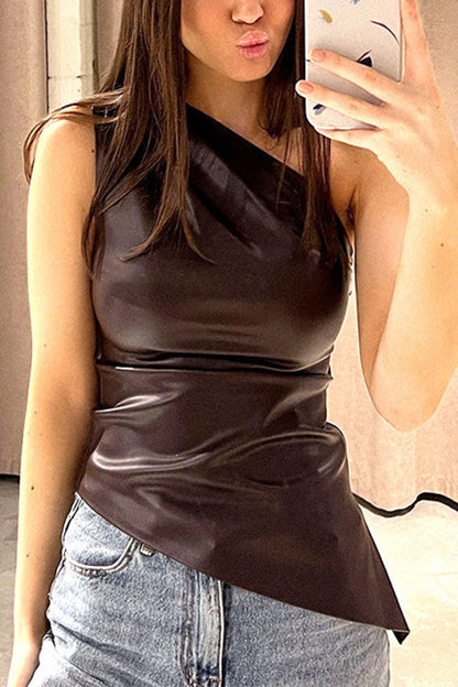 Rosiedress One Shoulder Sleeveless Asymmetric Faux Leather Top