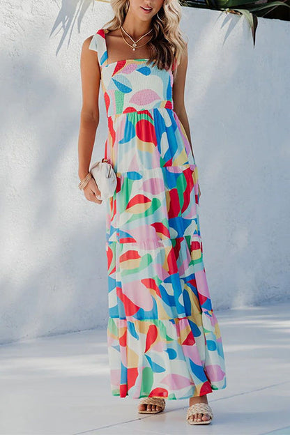 Rosiedress Bow Shoulder Ruffle Tiered Printed Flowy Maxi Cami Dress