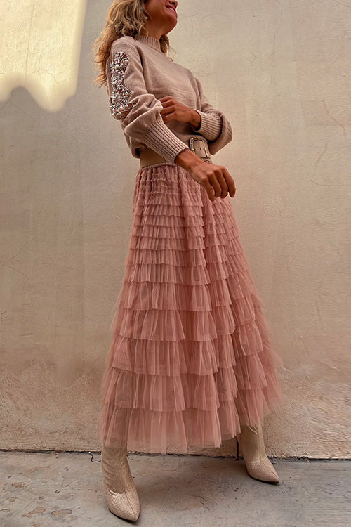 Rosiedress Tulle Layered Ruffle Mesh Maxi Skirt