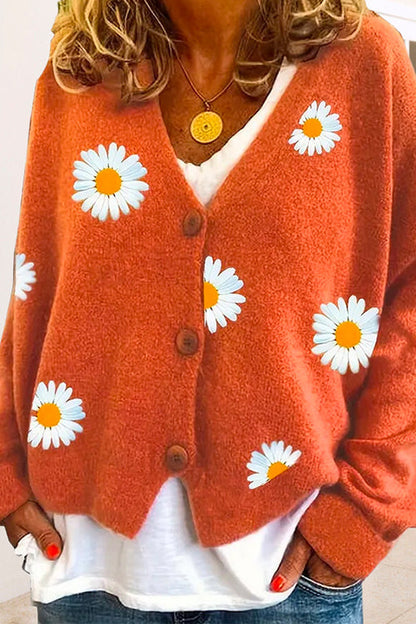 V Neck Button Up Daisy Embroidery Sweater Cardigan Orange