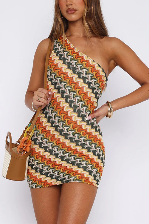 One Shoulder Sleeveless Color Block Crochet Mini Dress