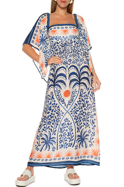 Rosiedress Square Collar Flutter Sleeves Printed Maxi Vacation Dress Blue