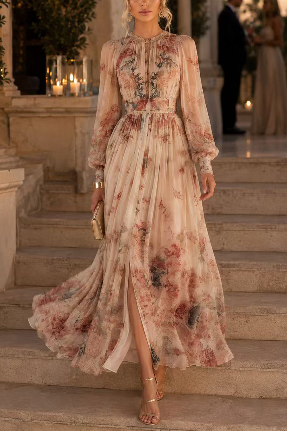 Puff Long Sleeves High Waist Floral Print Maxi Dress