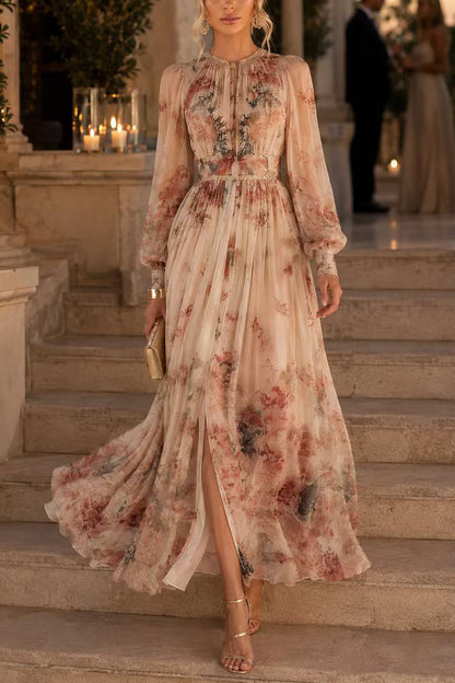 Puff Long Sleeves High Waist Floral Print Maxi Dress