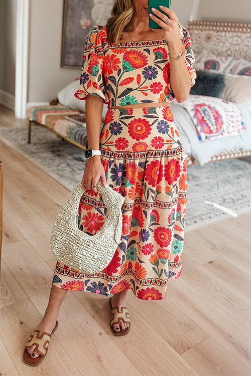 High Rise Floral Print Midi Skirt
