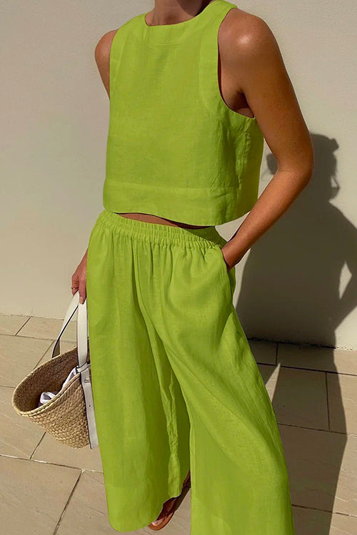 Rosiedress Solid Crewneck Crop Tank Top Elastic Waist Wide Leg Pants Set Green