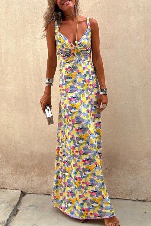 Cross V Neck Abstract Print Swing Maxi Cami Dress Print