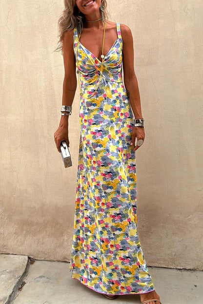 Cross V Neck Abstract Print Swing Maxi Cami Dress Print