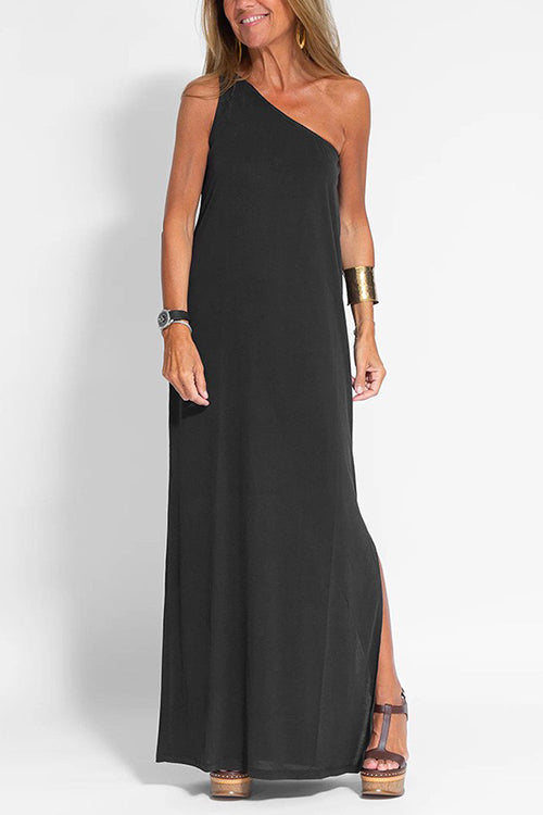 Rosiedress Sleeveless One Shoulder Side Split Maxi Dress Black