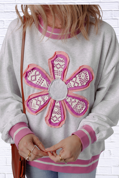 Flower Patch Contrast Trim Crew Neck Sweatshirt