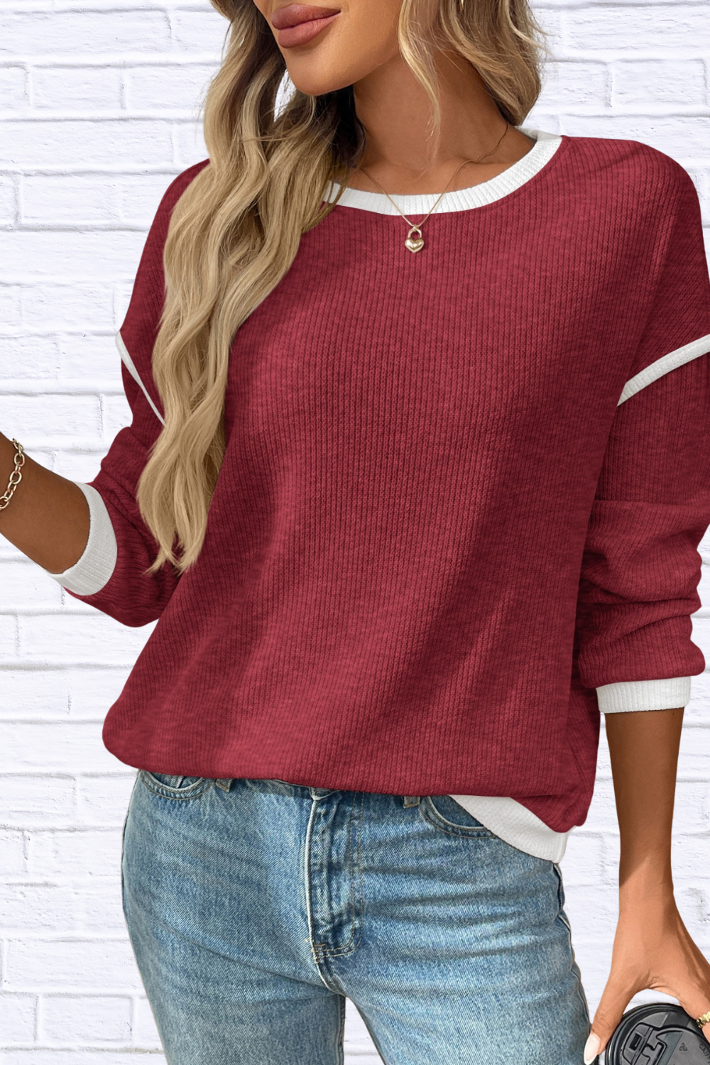Ribbed Contrast Trim Long Sleeve Top