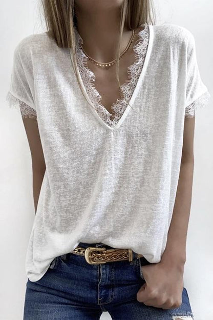 V Neck Solid Lace Blouse Top