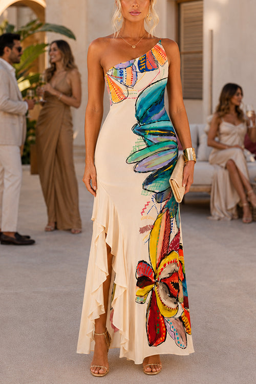 One Shoulder Sleeveless Floral Print Ruffle Slit Maxi Dress