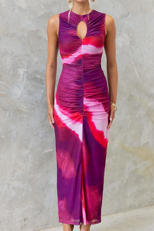 Ruched Sleeveless Cut Out Tie Dye Bodycon Maxi Dress