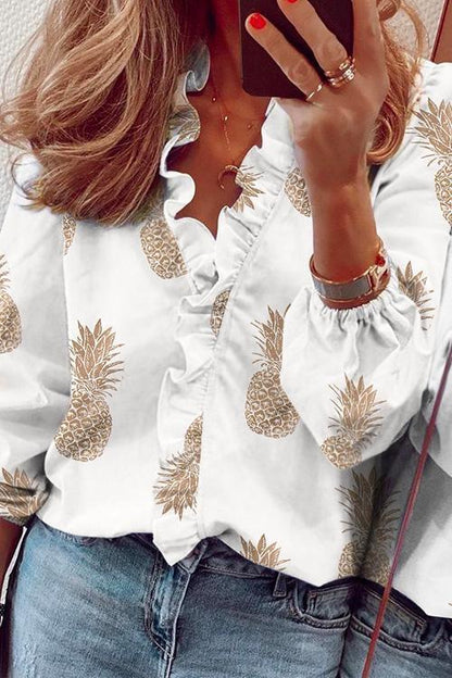 V Neck Long Sleeve Ruffle Blouse Shirt Pineapple