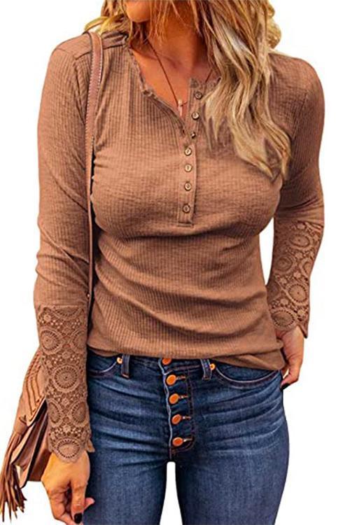 Suzanne Lace Splice Long Sleeve Blouses Khaki