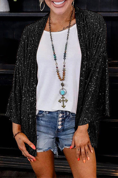 Open Front Kimono Sequin Cardigan Black