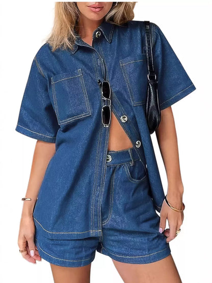 Button Up Denim Shirt and Shorts Set