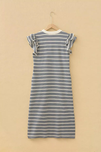 Stripe Ruffled Short Sleeve Contrast Trim Button Notched Neck Midi Dress