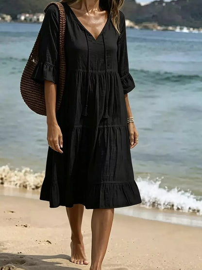 Full Size Tiered Tie Neck Flounce Sleeve Dress Plus Size