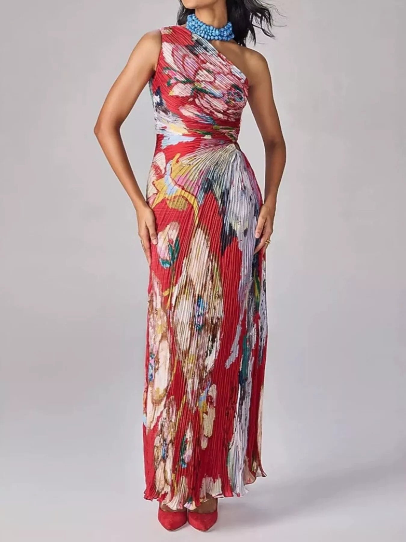 One-Shoulder Pleated Floral Maxi Dress