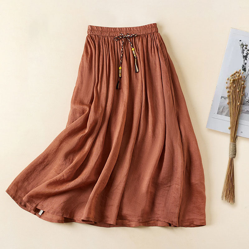 Mid Length Double Layer Skirt Elastic Waist Tie Pleated Skirt