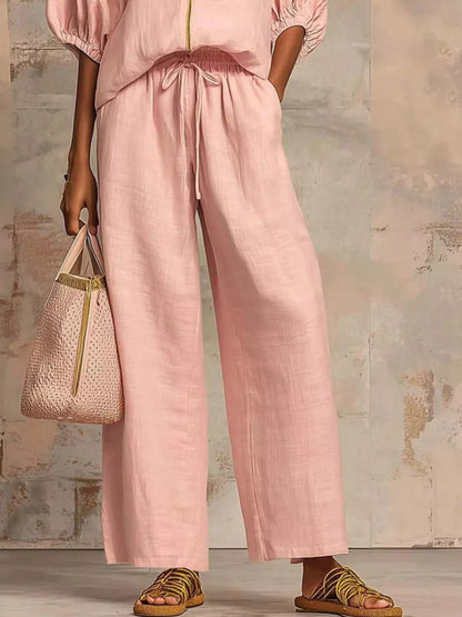 Full Size Zip-Front Top and Wide-Leg Pants Set Plus Size