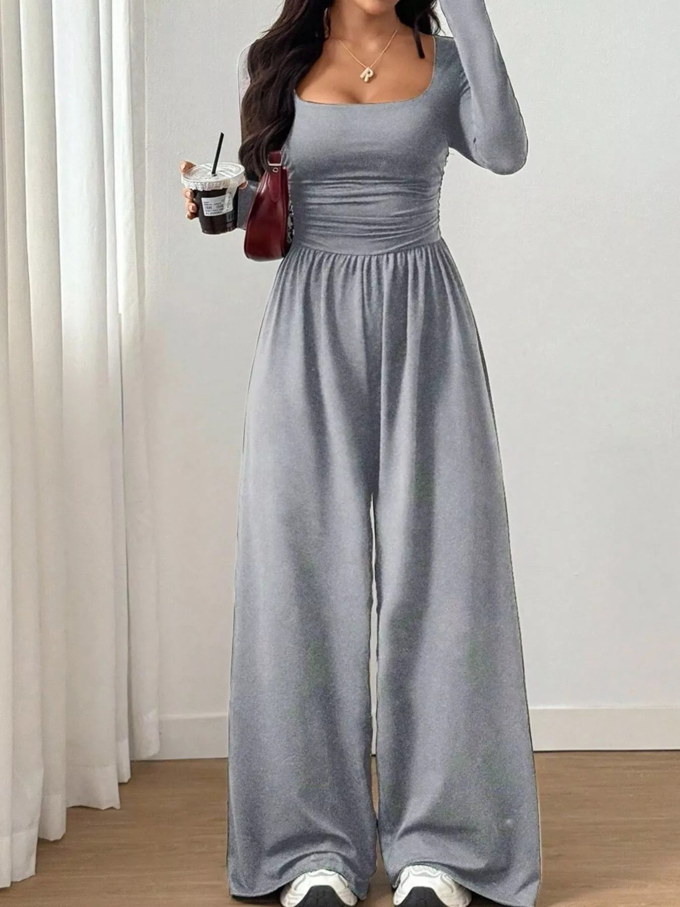 Ruched Square Neck Wide-Leg Jumpsuit