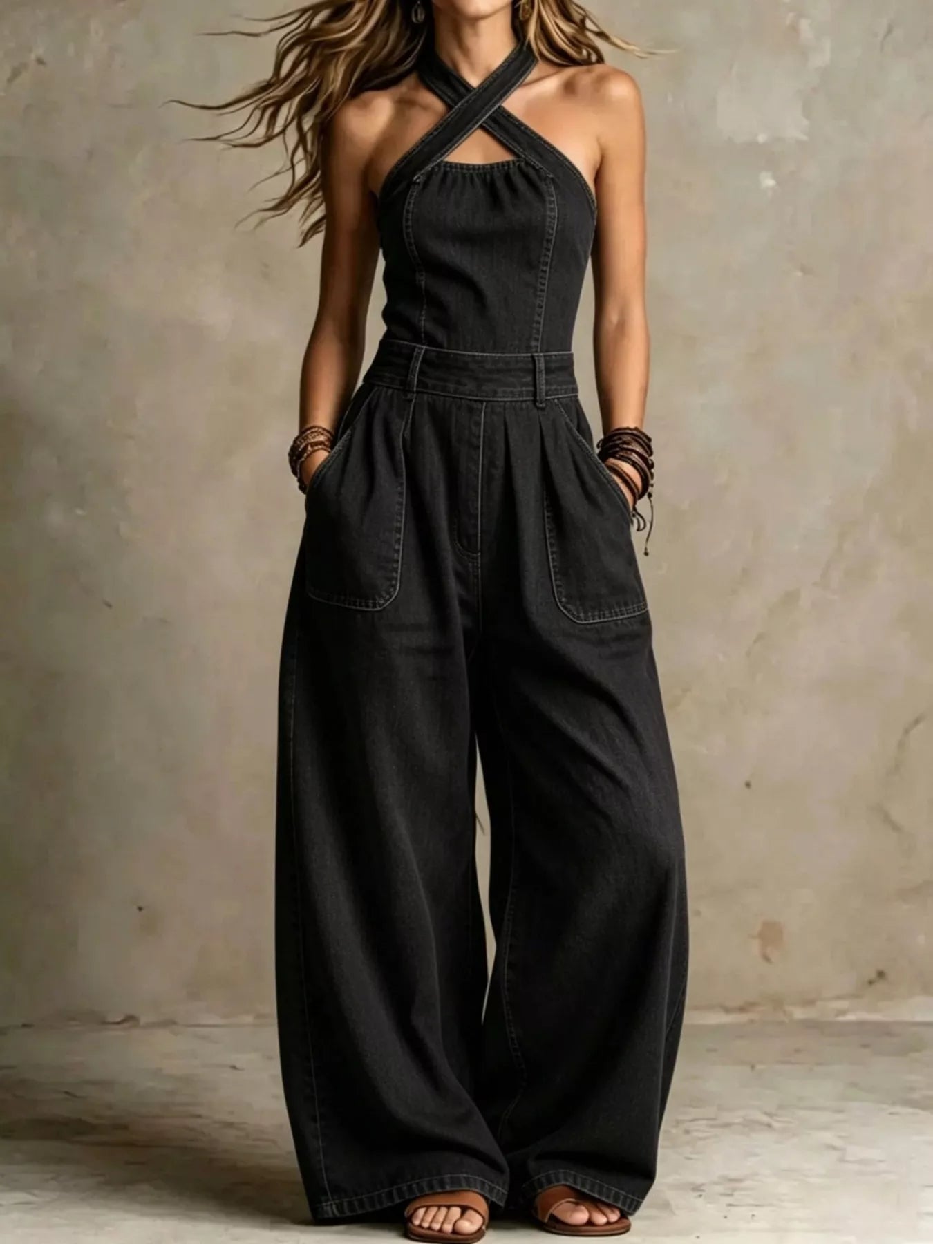 Full Size Wide-Leg Crisscross Denim Jumpsuit Plus Size
