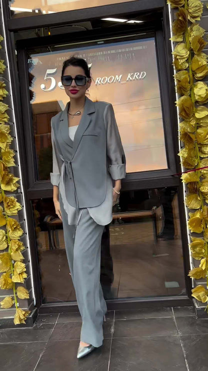 Ensemble deux pièces chemise et pantalon patchwork tendance