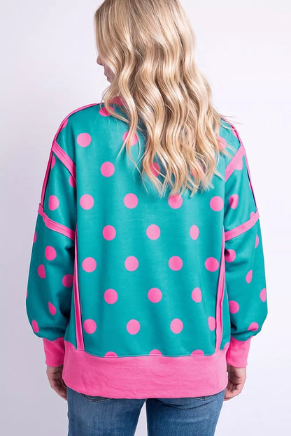 Polka Dot Contrast Patchwork Round Neck Baggy Sweatshirt
