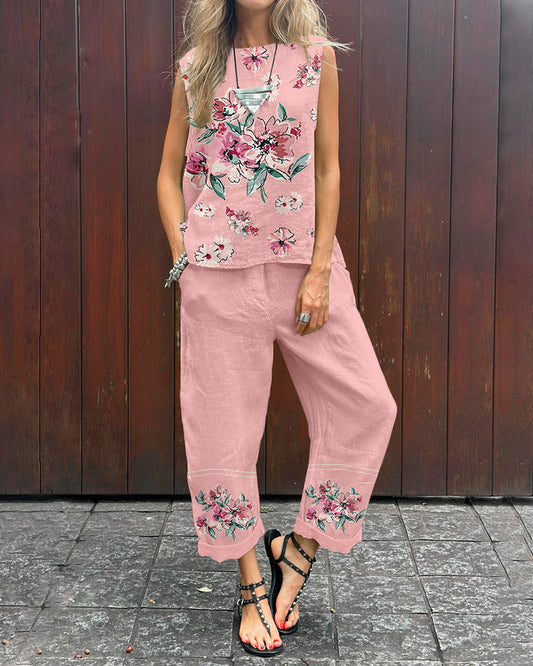 Elegant Floral-Print Sleeveless Top & Pants Two-Piece Set