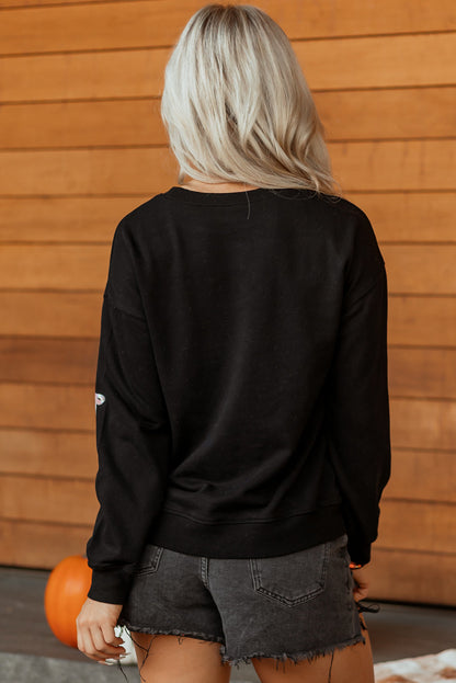 Black Sequin Cute Bow Ghost Graphic Crew Neck Halloween Sweatshirt