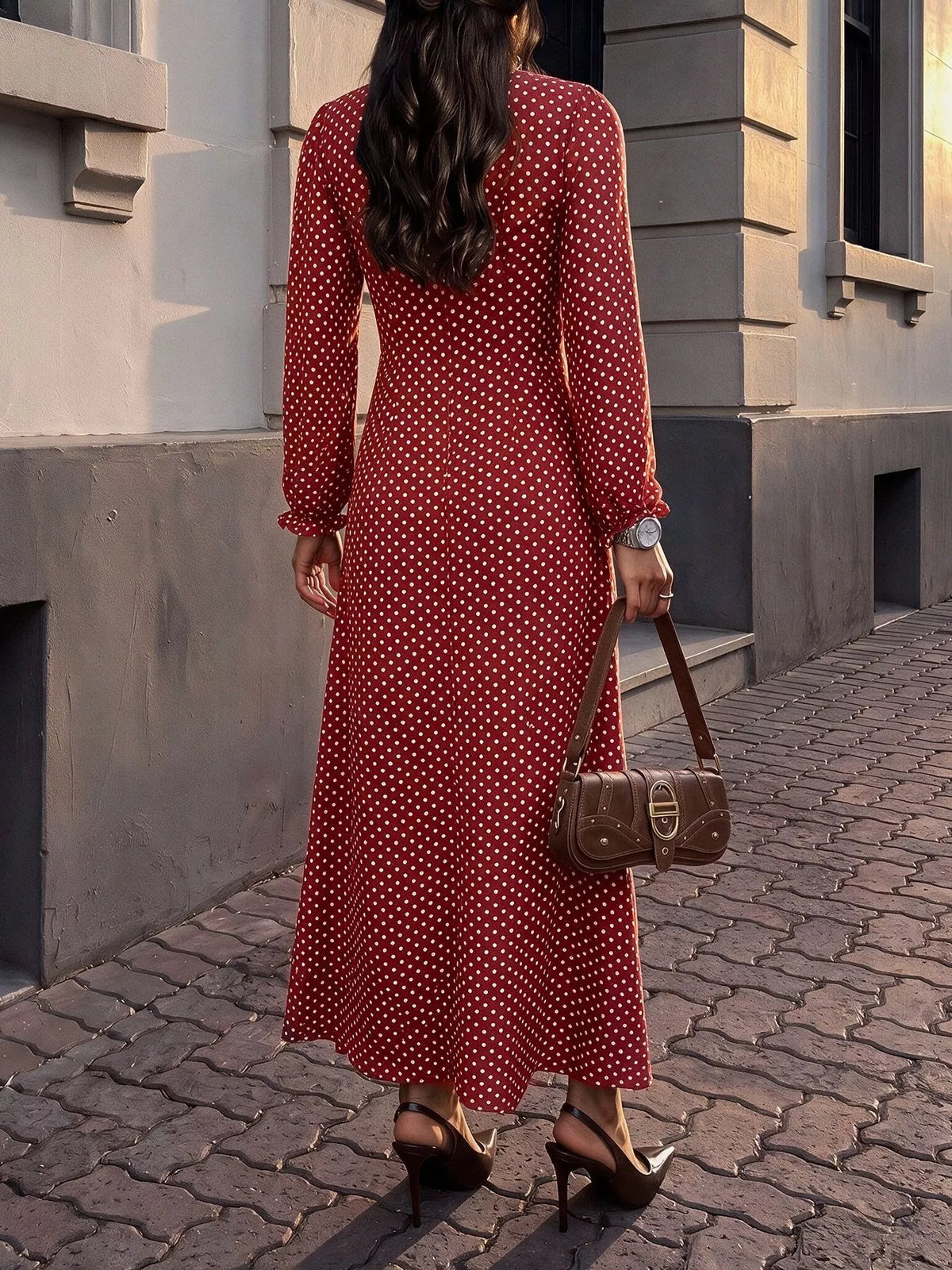Square Neck Polka Dot Long Sleeve Maxi Dress