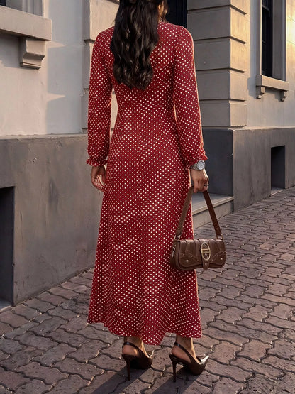 Square Neck Polka Dot Long Sleeve Maxi Dress