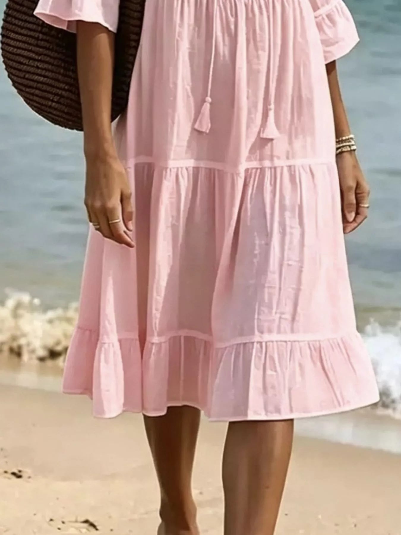 Full Size Tiered Tie Neck Flounce Sleeve Dress Plus Size