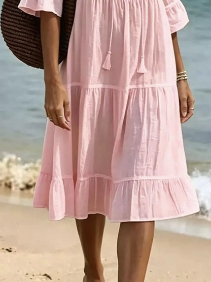 Full Size Tiered Tie Neck Flounce Sleeve Dress Plus Size