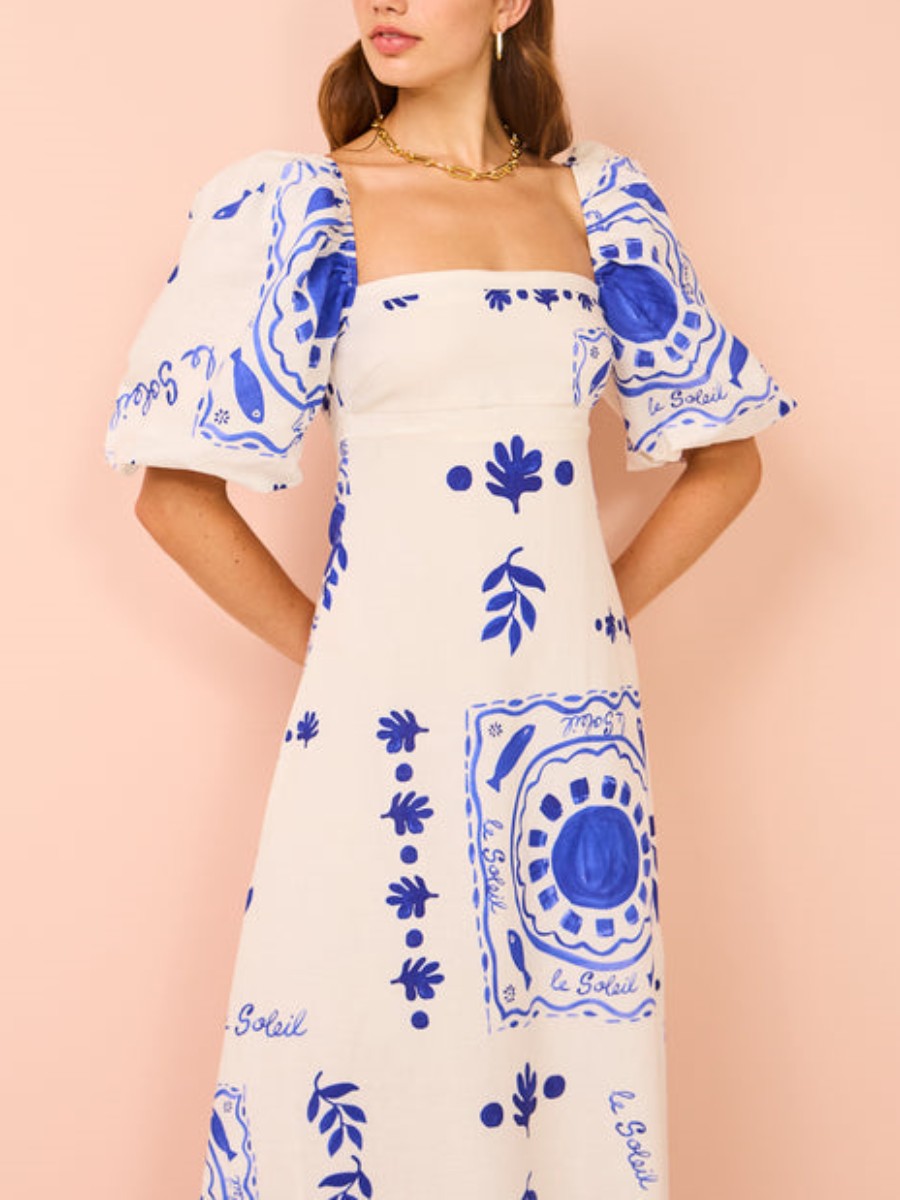 Elegant Blue Graffiti Bishop Sleeve Maxi Dress