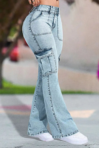 Multi Pocket Double Button Mid Rise Flare Cargo Jeans