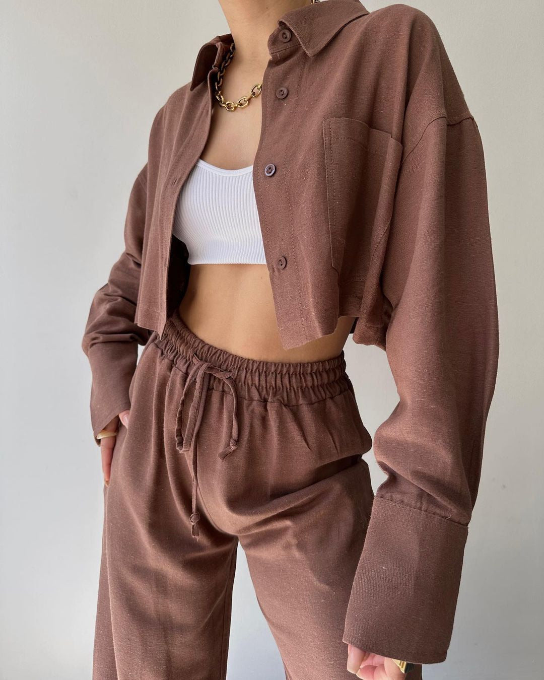 Solid Color Long Sleeves Shirt & Drawstring Pants Suit