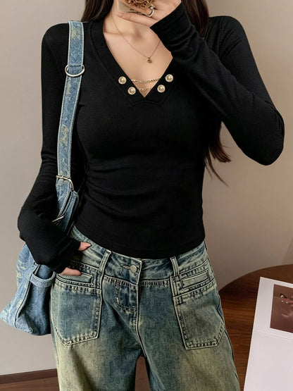 Decorative Pearl Buttons V-Neck Long Sleeve T-Shirt