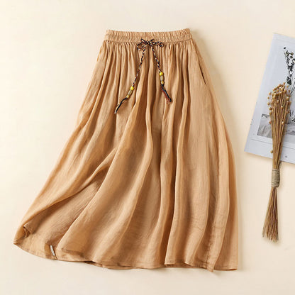 Mid Length Double Layer Skirt Elastic Waist Tie Pleated Skirt