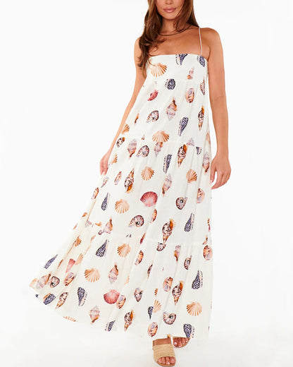 Vacation shell print suspender dress