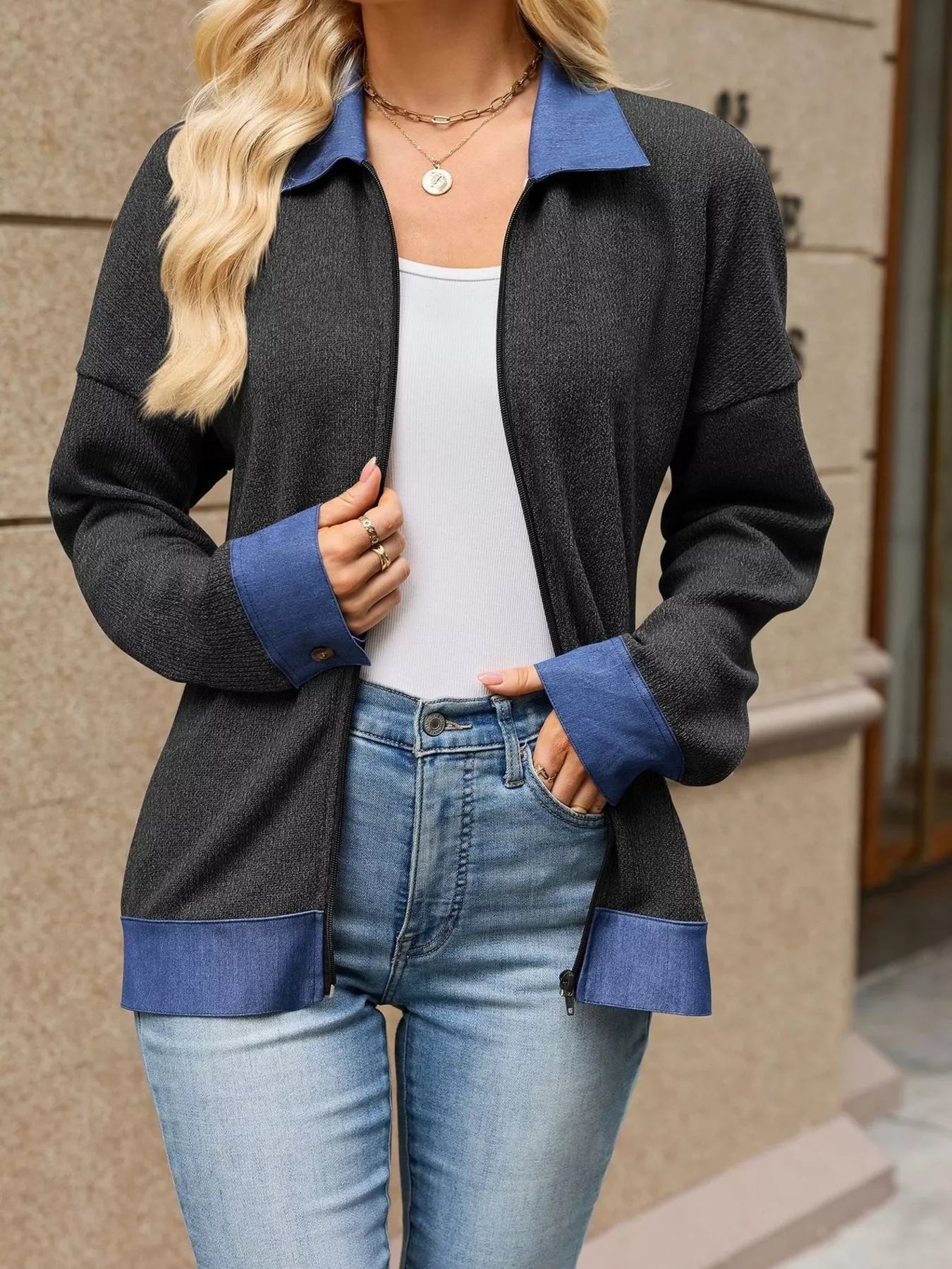 Contrast Denim Collar Zip Up Outerwear