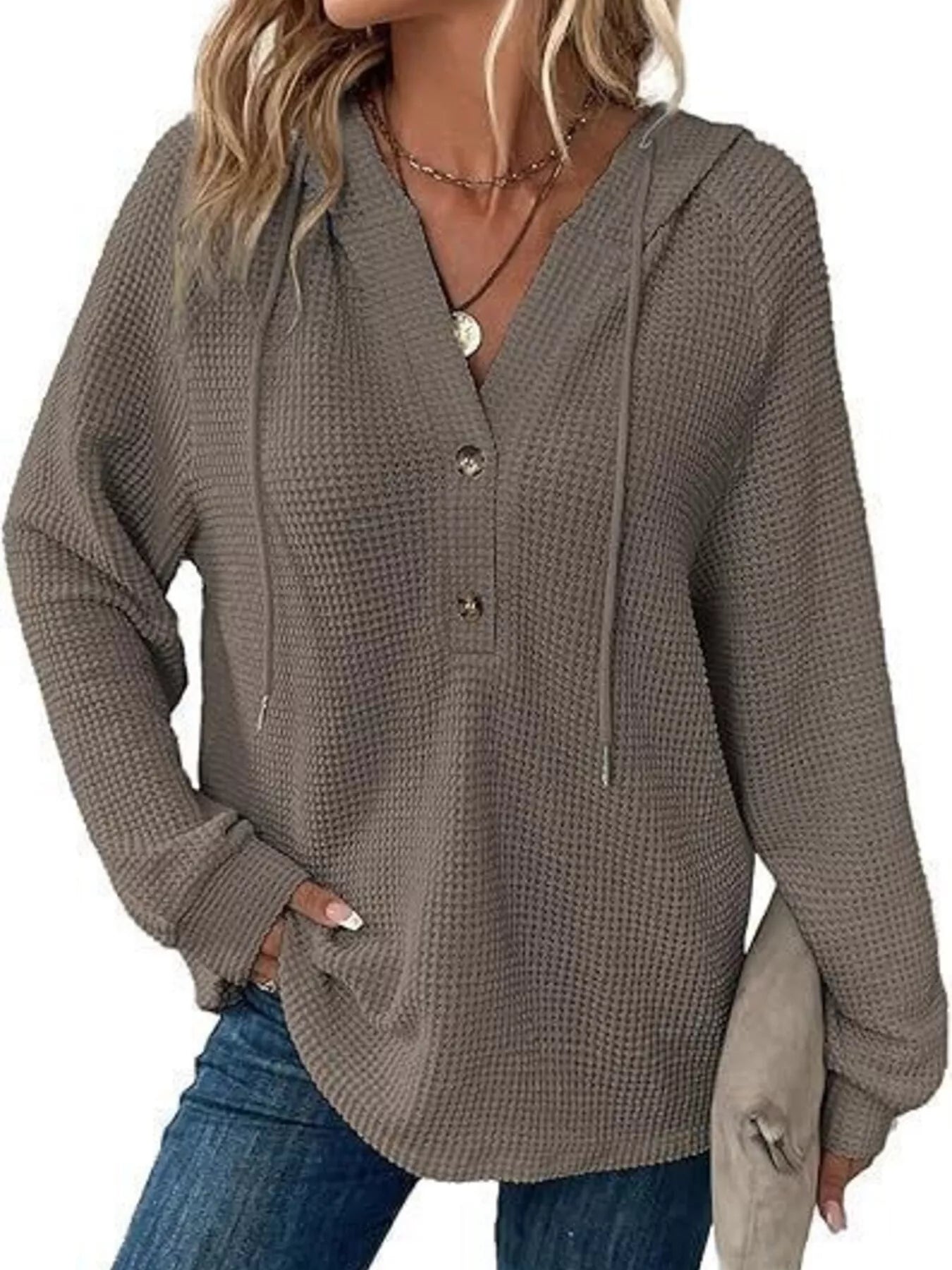 Full Size Waffle Knit Half-Button Hoodie Plus Size