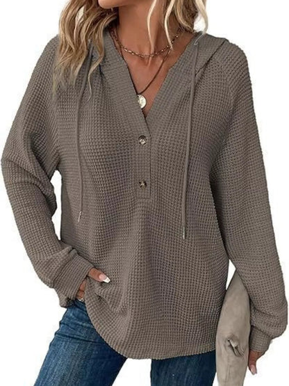Full Size Waffle Knit Half-Button Hoodie Plus Size